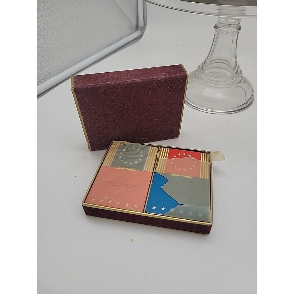 2 Decks Vtg Playing Cards New Open Box Velvet USA Braman Dow & Co Boston Stamp